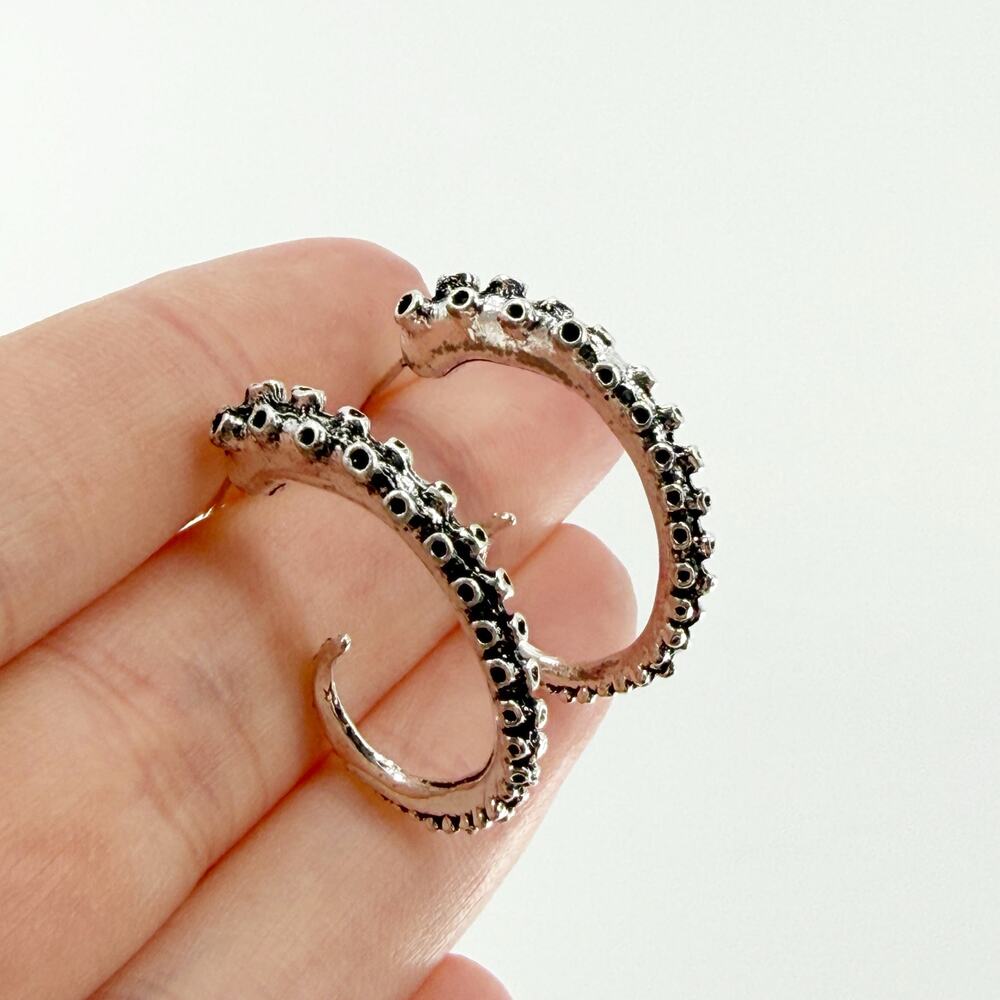 Silver Tone Octopus Tentacle Open Hoop Earrings, Textured Crescent Stud Hoops